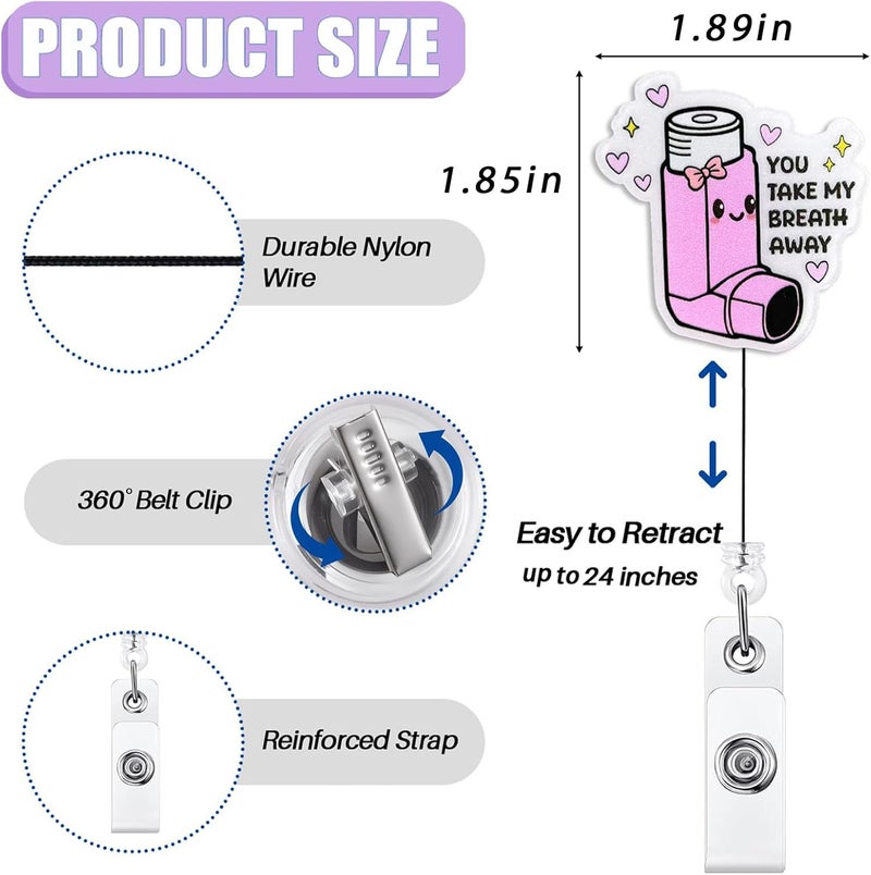 Bydevia You Take My Breath Away Badge Reel Retractable, Funny Respiratory Therapist ID Badge Reel for Work, Cute RT RRT Inhaler Badge Clip, Asthma Badge Holder with Alligator Clip & 24” Durable Nylon Cord - Image 2